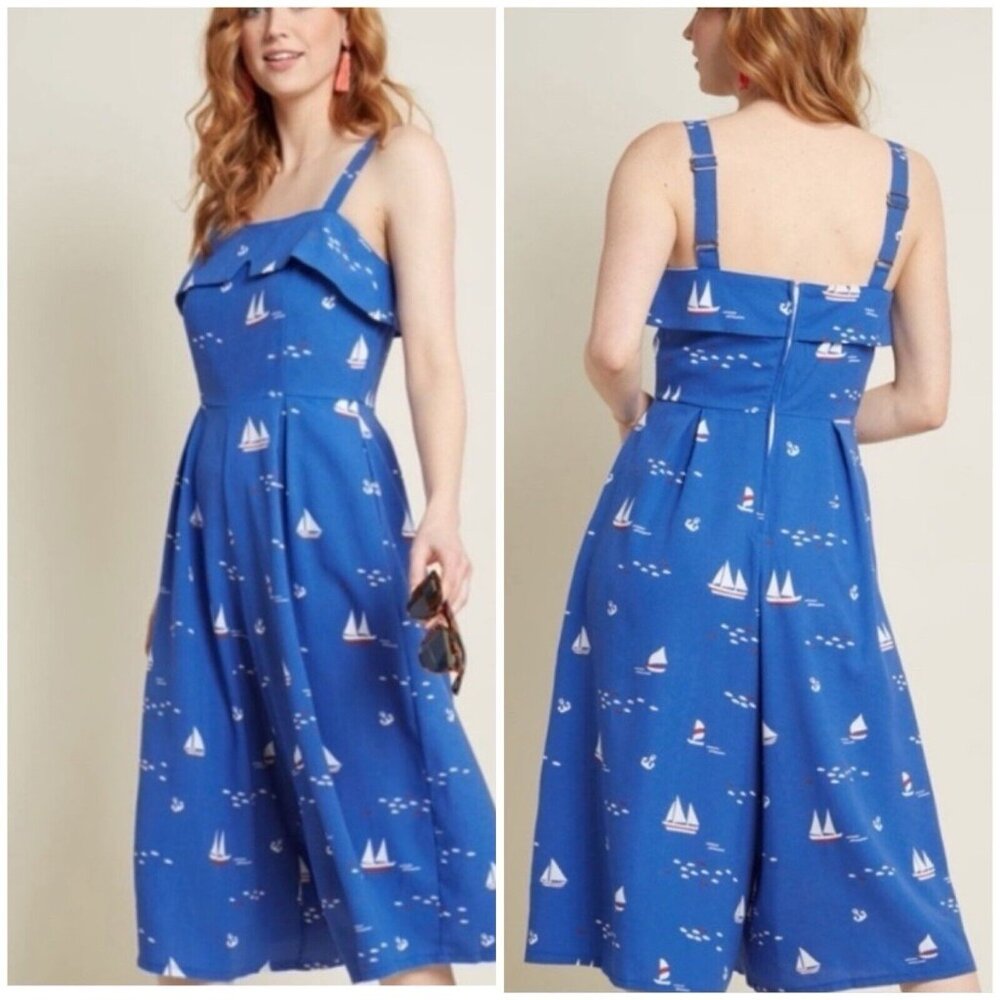 Modcloth Blue Sailboat Cropped Jumpsuit